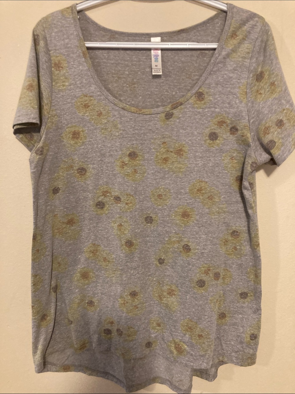 LuLaRoe Classic T - Gray Scoop Neck Tee with Yellow Floral Print